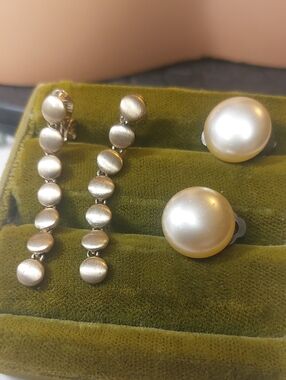 Clip On Vintage Earrings Faux Button Pearl And Brushed Gold Dangle